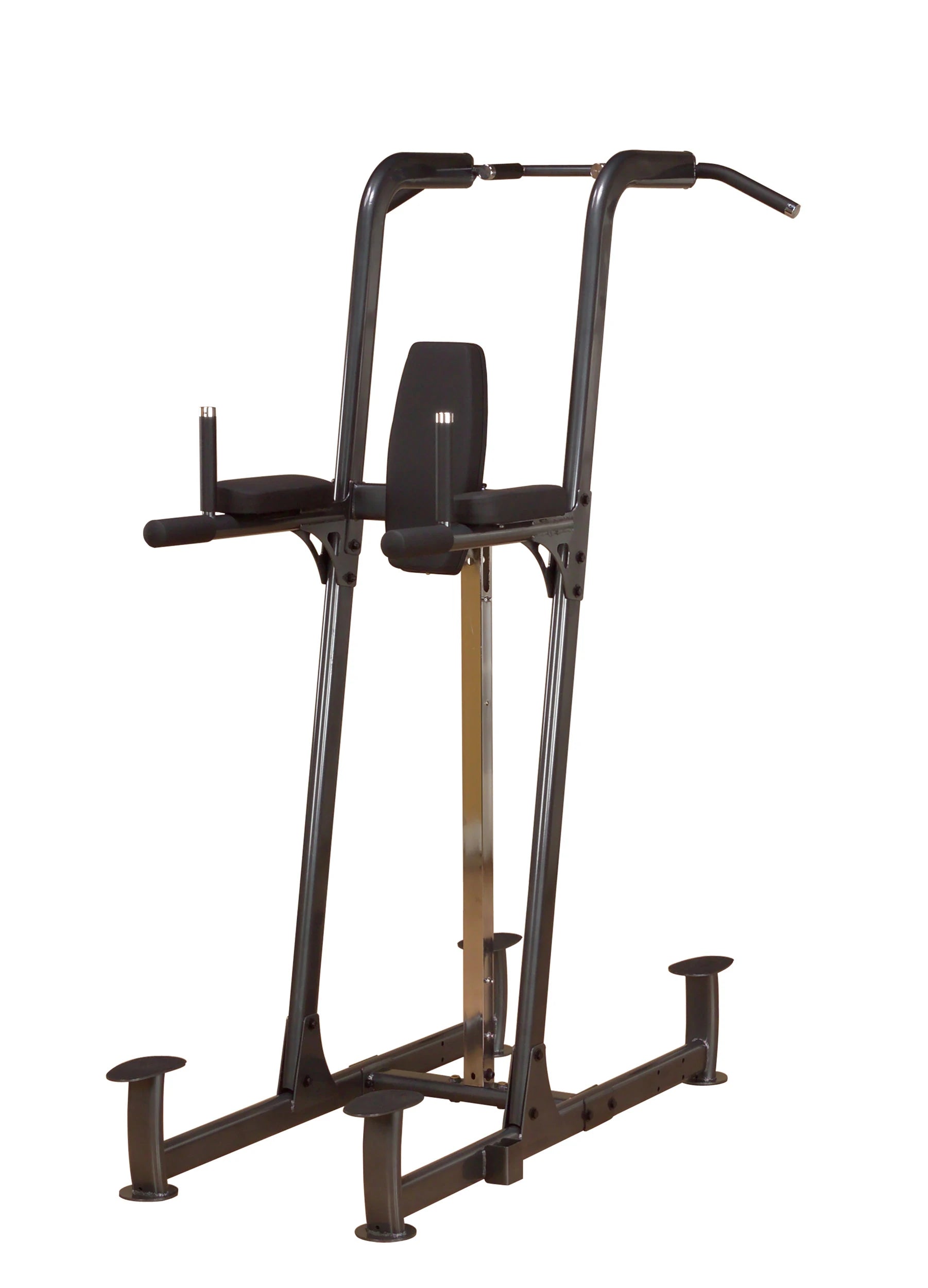 Black power tower with padded armrests for strength training exercises.