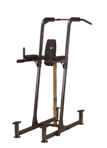 Black power tower with padded armrests for strength training exercises.