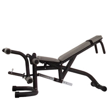 Adjustable weight bench with padded seat for home gym workouts.