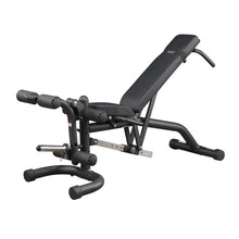Adjustable black weight bench with leg extension for versatile workouts.