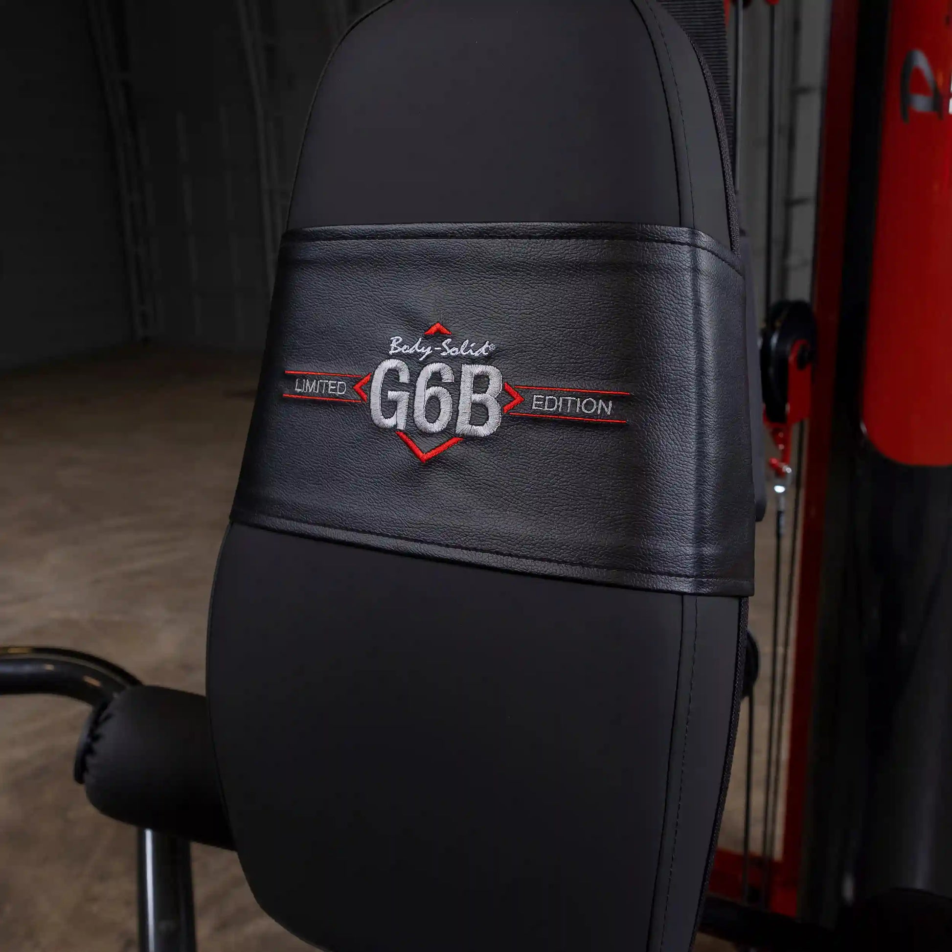 Body-Solid G6B Limited Edition backrest with logo in black leather.