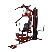 Body-Solid Pro multi-functional home gym in red with adjustable seat and multiple workout stations.