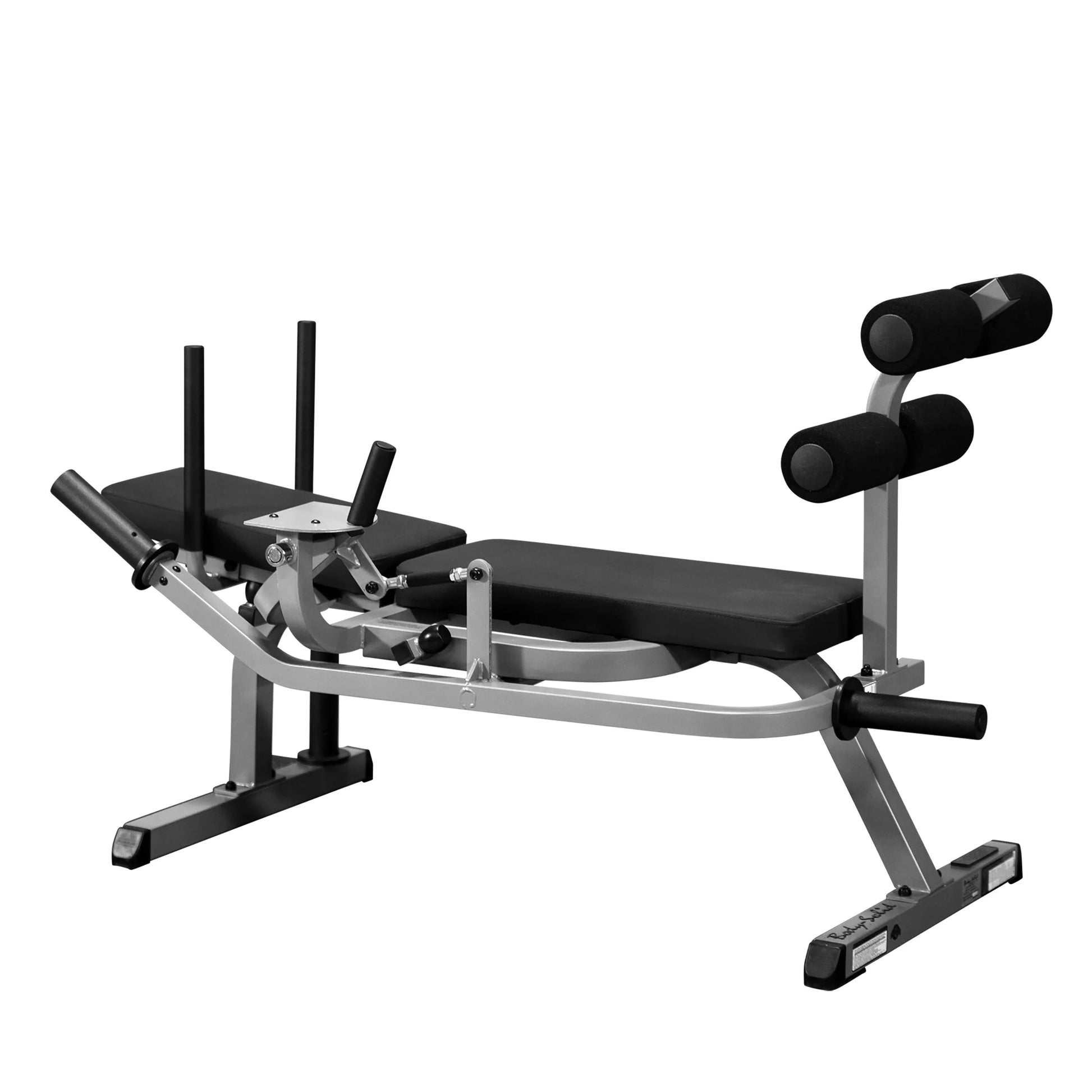 Adjustable leg stretching machine with padded seats and black foam rollers for flexibility training.