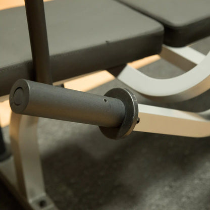 Adjustable weight bench with black padded seat and sturdy steel frame for home gym.