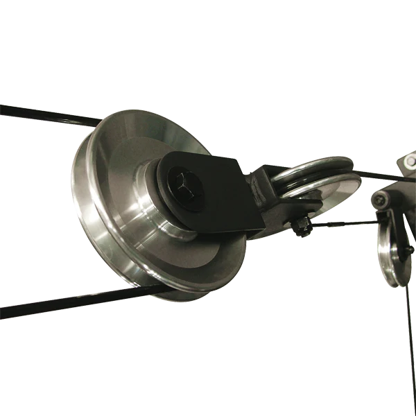 Compound bow cam system with a sleek metal finish.