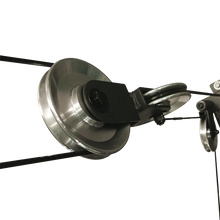 Compound bow cam system with a sleek metal finish.