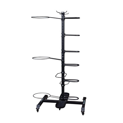 Vertical black metal dumbbell rack with adjustable holders and wheeled base for easy mobility.