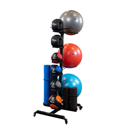 storage rack with medicine balls, yoga mats, and stability balls in various colors.