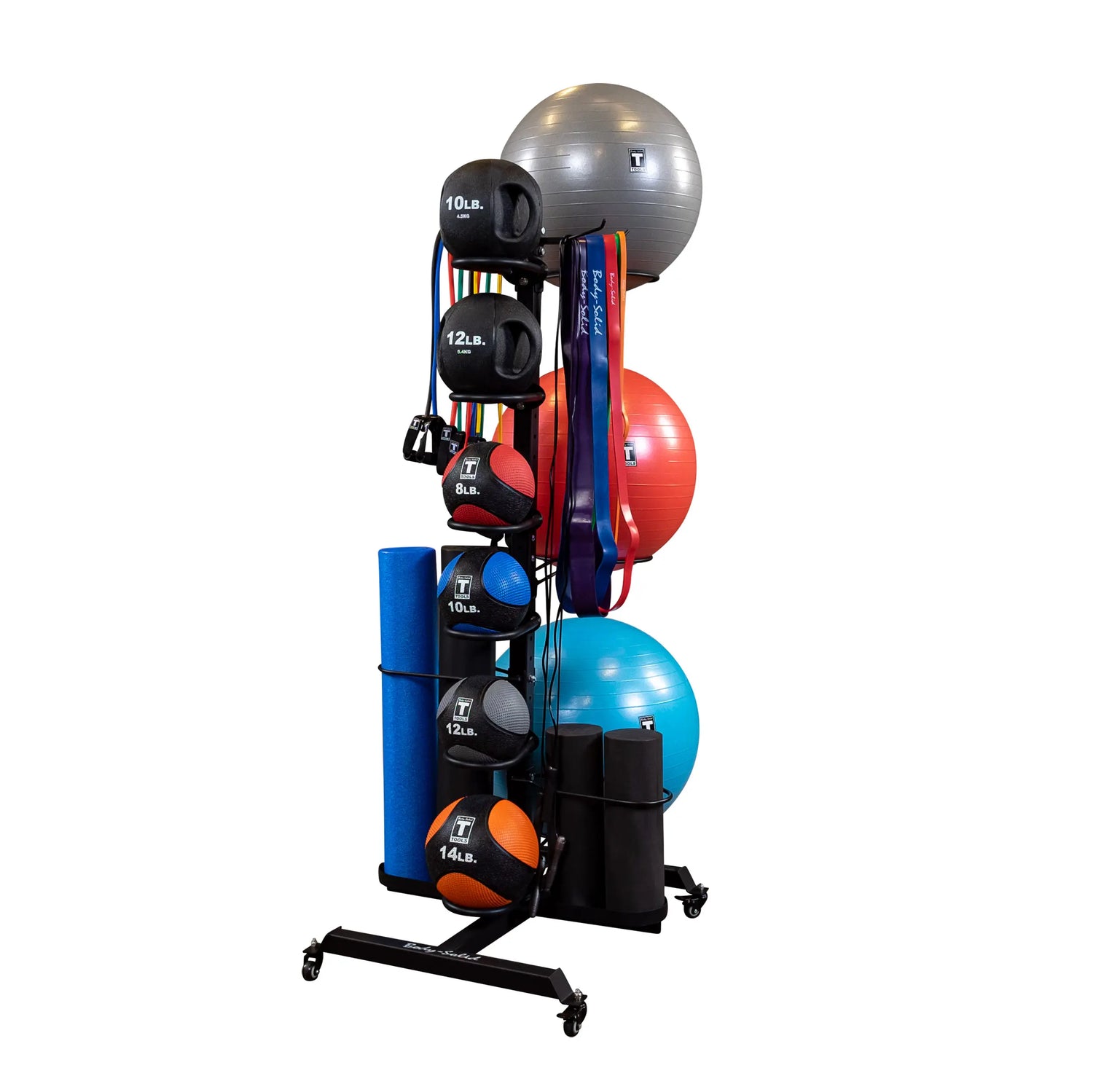 home gym equipment rack with kettlebells, medicine balls, and yoga mats.