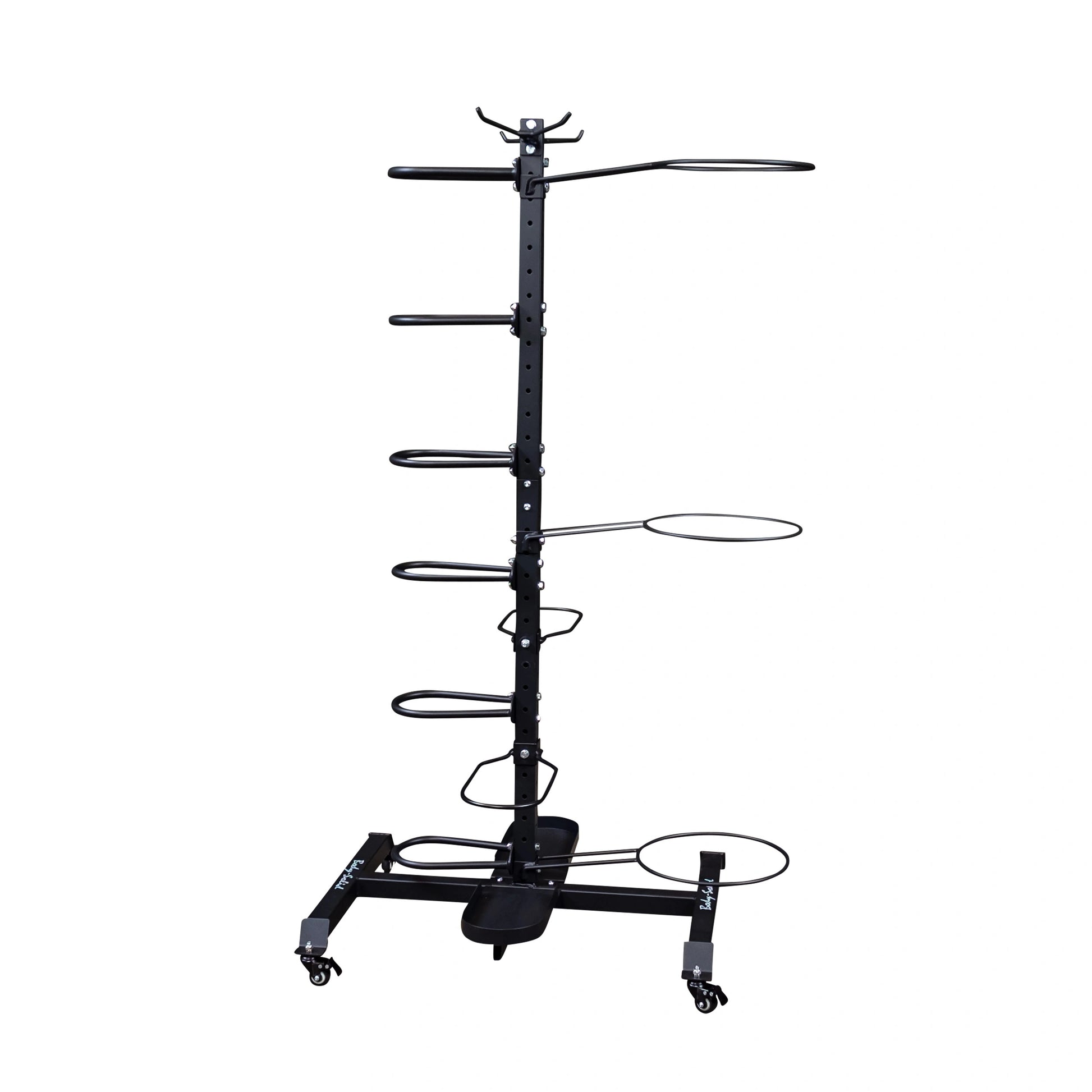Vertical black kayak storage rack with six adjustable arms and rolling wheels.