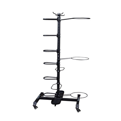 Vertical black kayak storage rack with six adjustable arms and rolling wheels.
