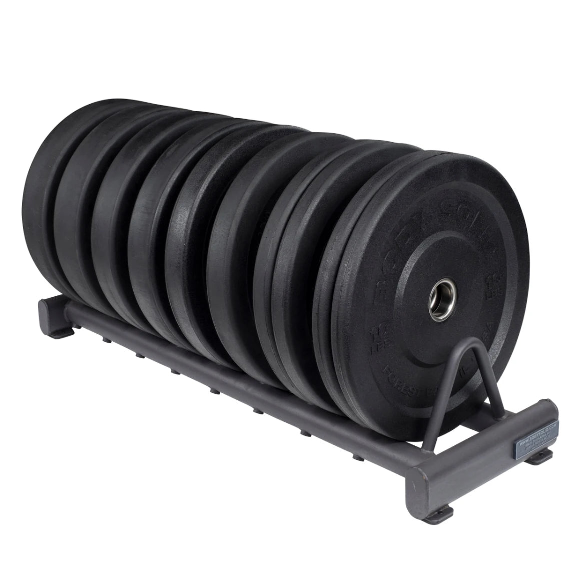 Bumper weight plates on a rack, black, perfect for home gym setups.