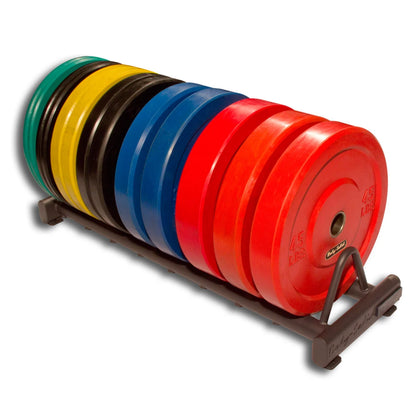 Colorful Body-Solid bumper plates on rack, including red, blue, green, yellow, and black weights.