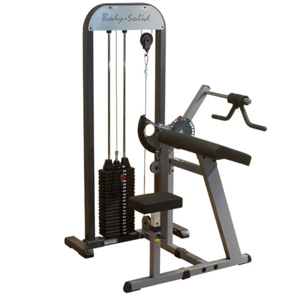 Body-Solid bicep curl machine with adjustable weight stack for strength training.