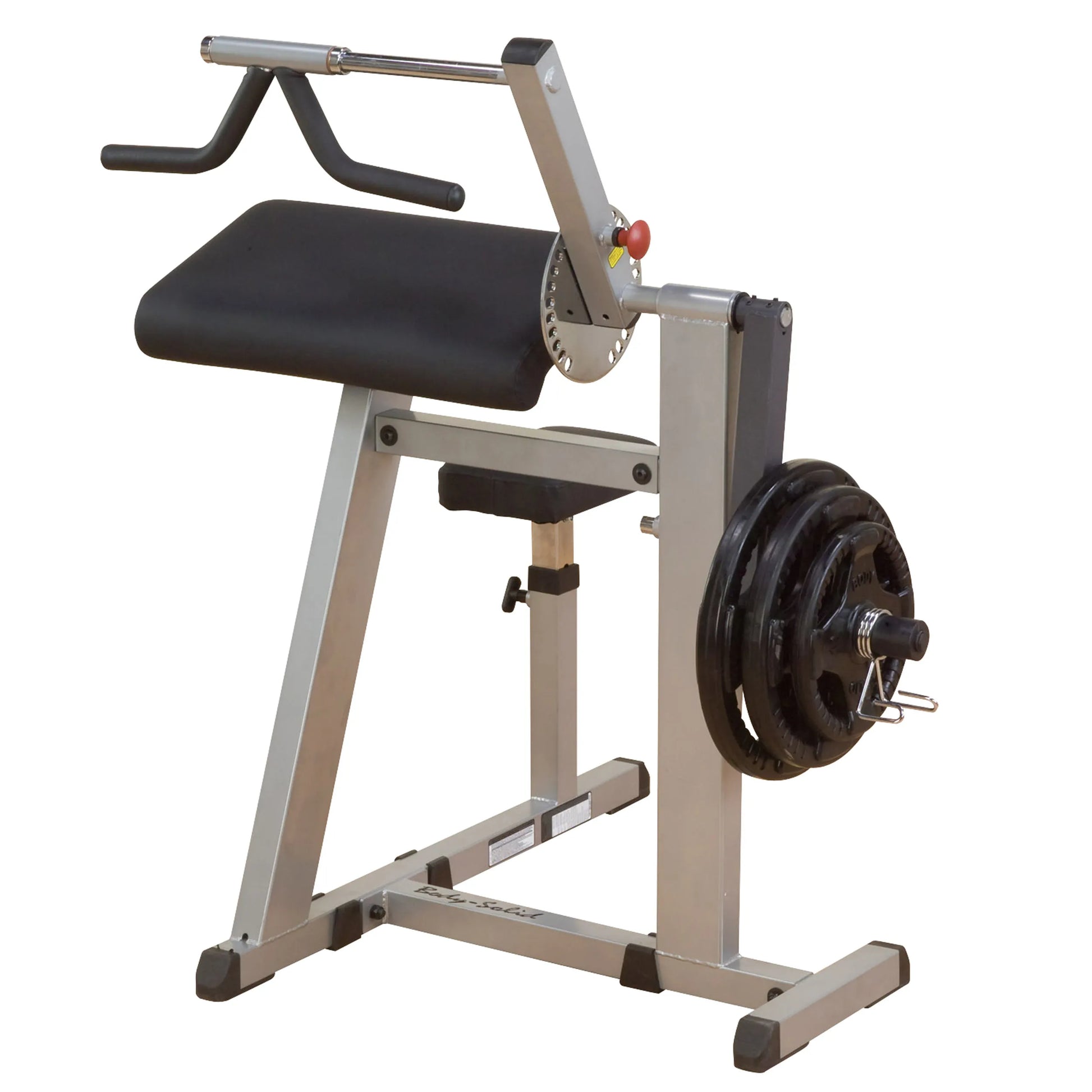 Commercial arm curl machine with black padded armrest and weight plates for strength training.