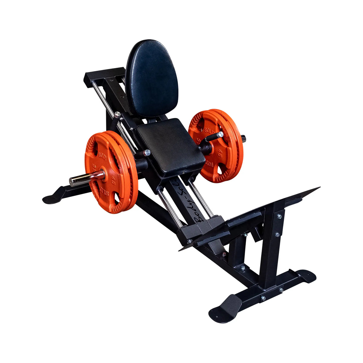 Body-Solid leg press machine with orange weight plates and black padded seat.