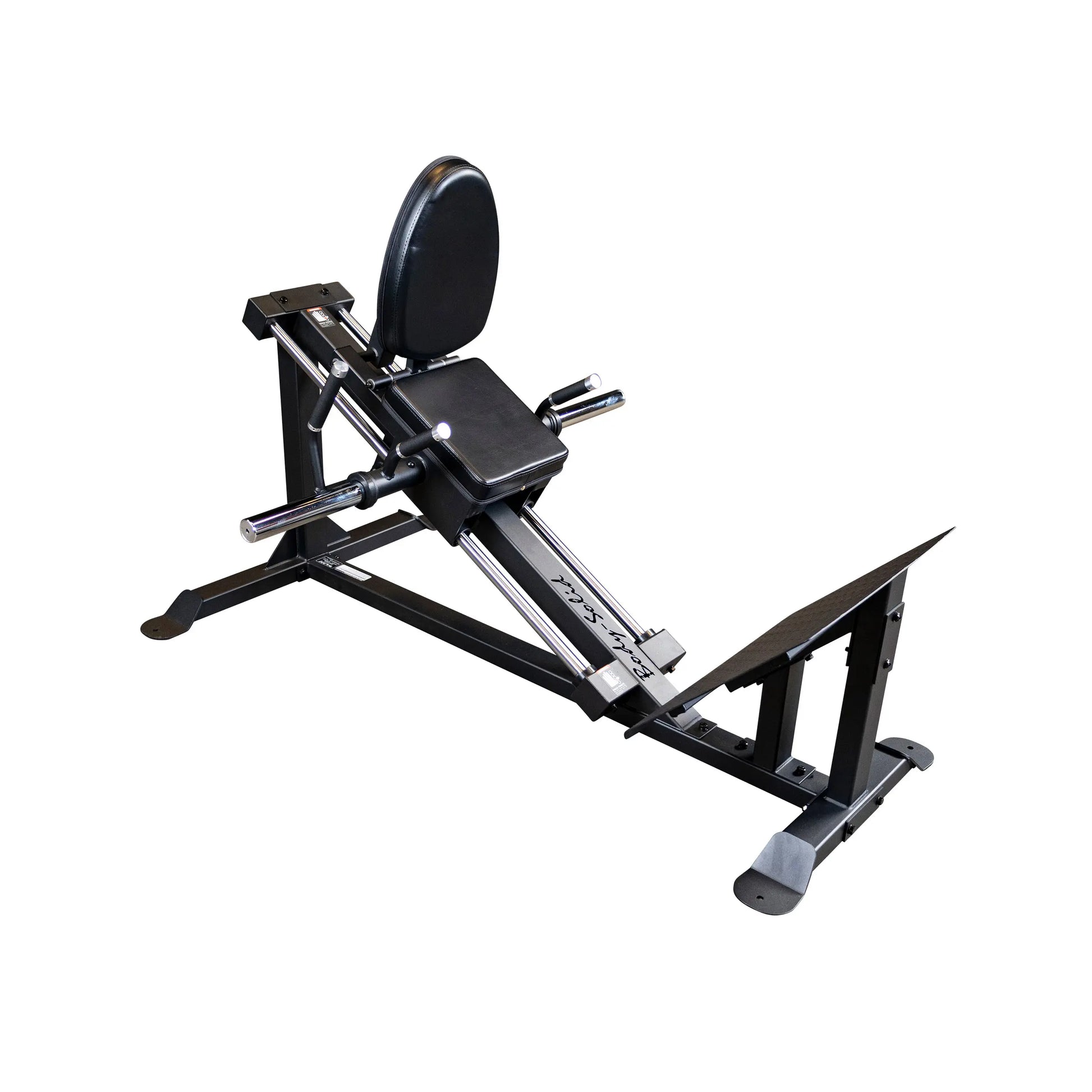Black leg press machine with cushioned seat and adjustable footplate for home gym use.