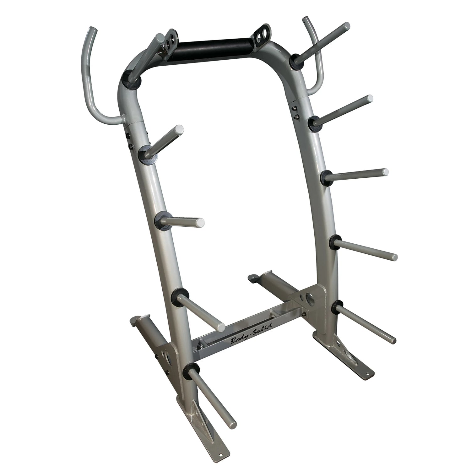 Body-Solid silver weight plate tree with multiple storage pegs for gym organization.