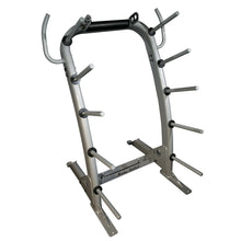 Body-Solid silver weight plate tree with multiple storage pegs for gym organization.