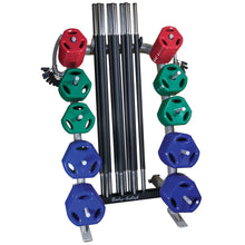 Body-Solid weight rack with colorful hexagonal dumbbells and chrome bars for gym use.
