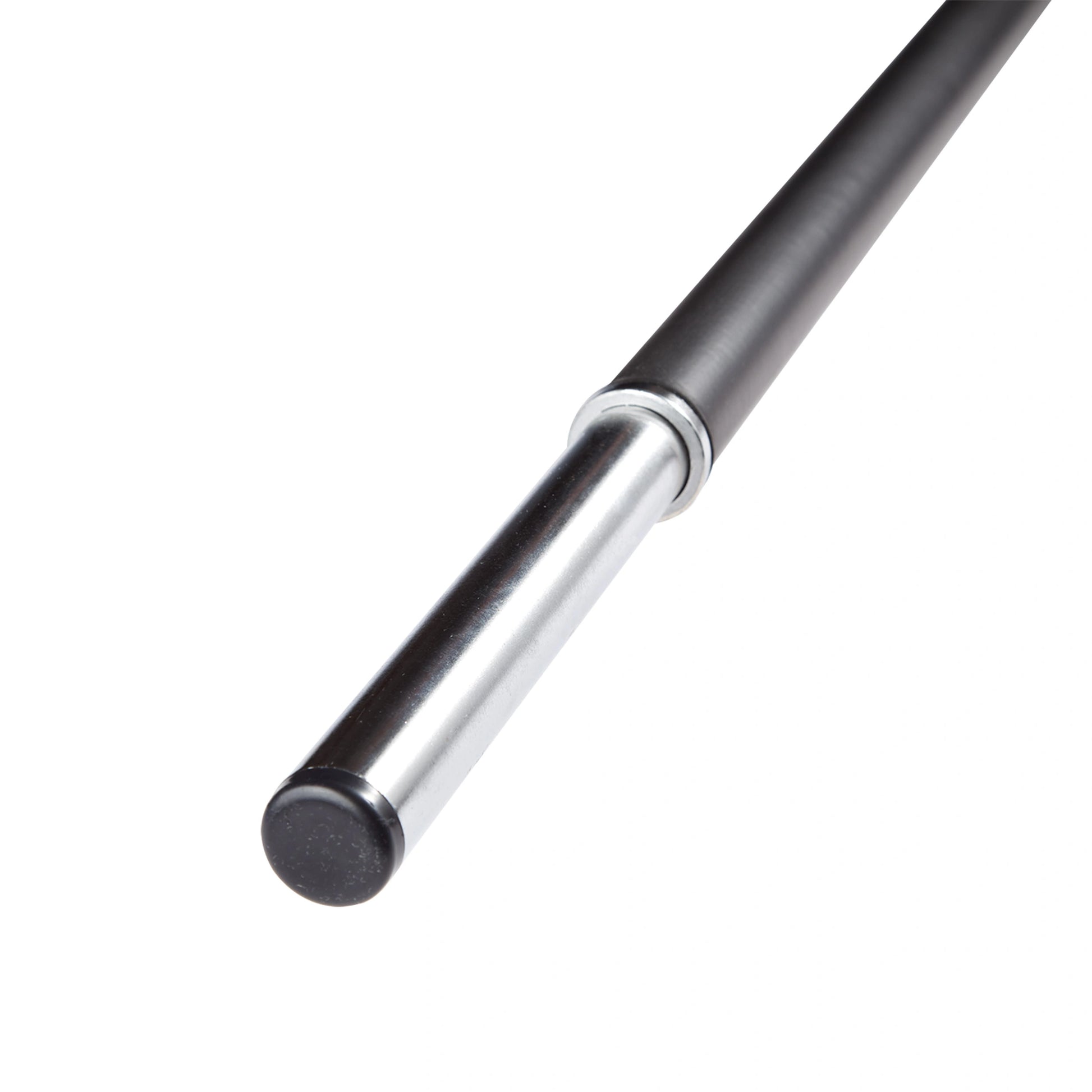 Olympic weightlifting barbell with chrome finish and black grip.