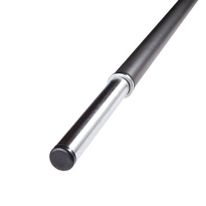 Olympic weightlifting barbell with chrome finish and black grip.