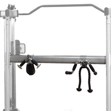 Gym cable machine with adjustable pulleys and black rope handle, perfect for versatile workouts.