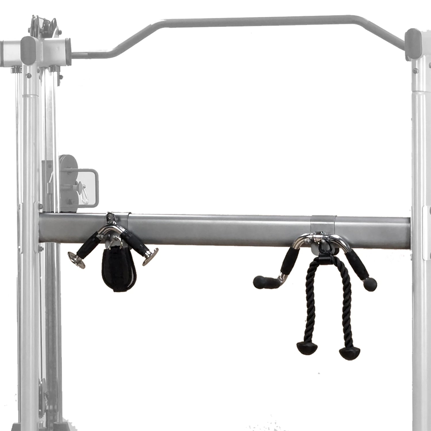 Gym cable machine with adjustable pulleys and black rope handle, perfect for versatile workouts.