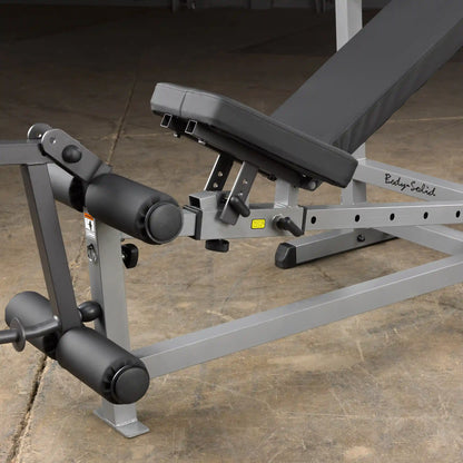 Body-Solid adjustable weight bench with black padding and silver frame.