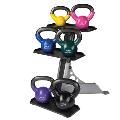 Body-Solid kettlebells set on rack, colorful weights ranging from 5lb to 20lb.
