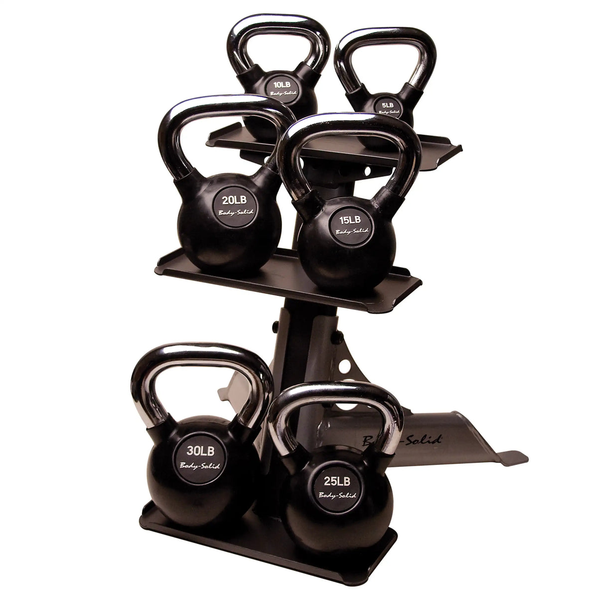 Body-Solid kettlebell set on rack, featuring weights from 5 to 30 lbs, ideal for strength training.