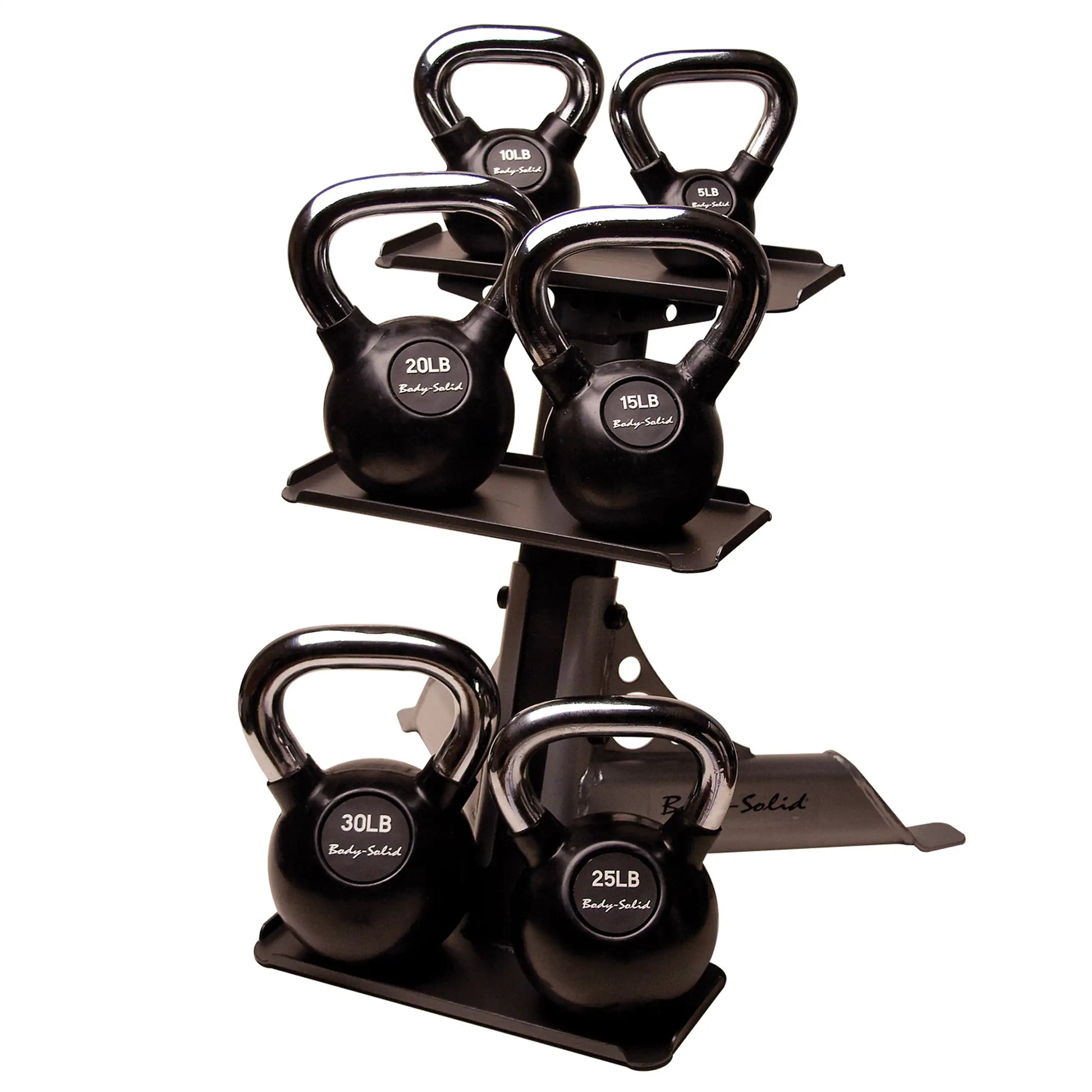Body-Solid kettlebell set on rack, featuring weights from 5 to 30 lbs, ideal for strength training.