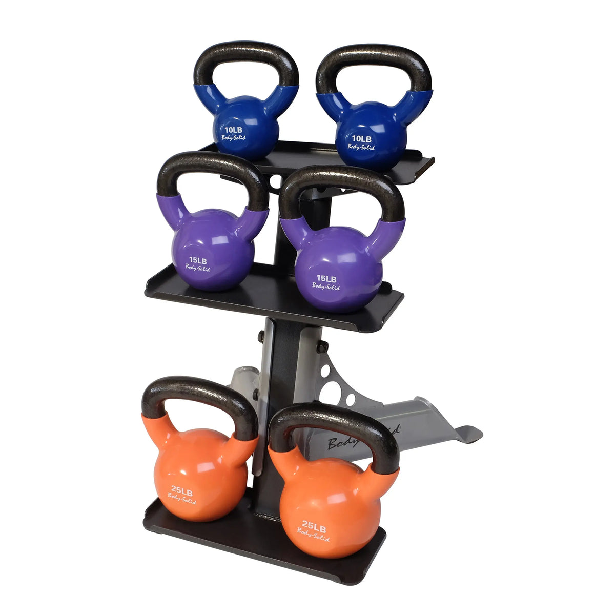 Body-Solid kettlebell set with blue, purple, and orange weights on a black rack.
