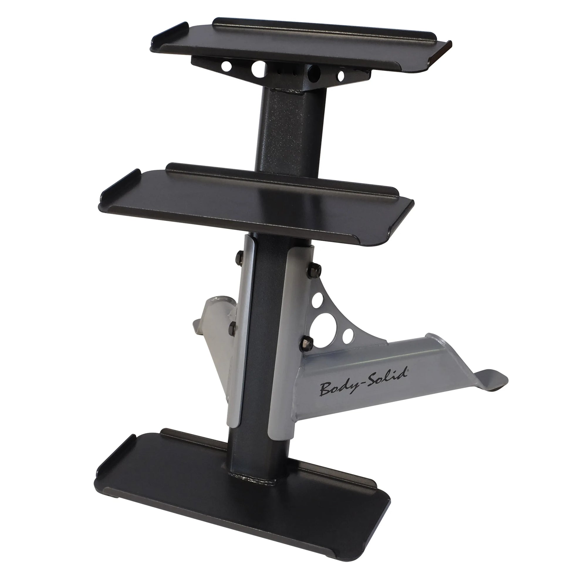 Body-Solid vertical dumbbell rack with three sturdy black shelves.