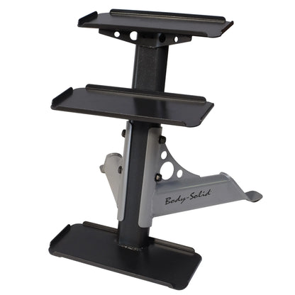 Body-Solid vertical dumbbell rack with three sturdy black shelves.