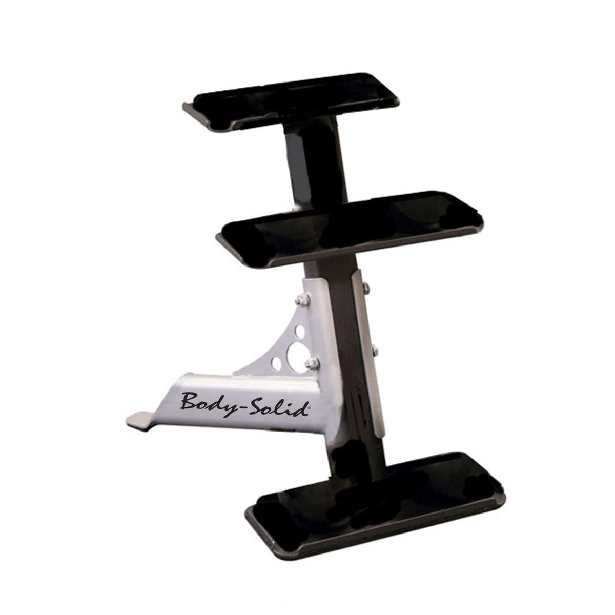 Body-Solid black three-tier dumbbell rack for efficient gym storage.