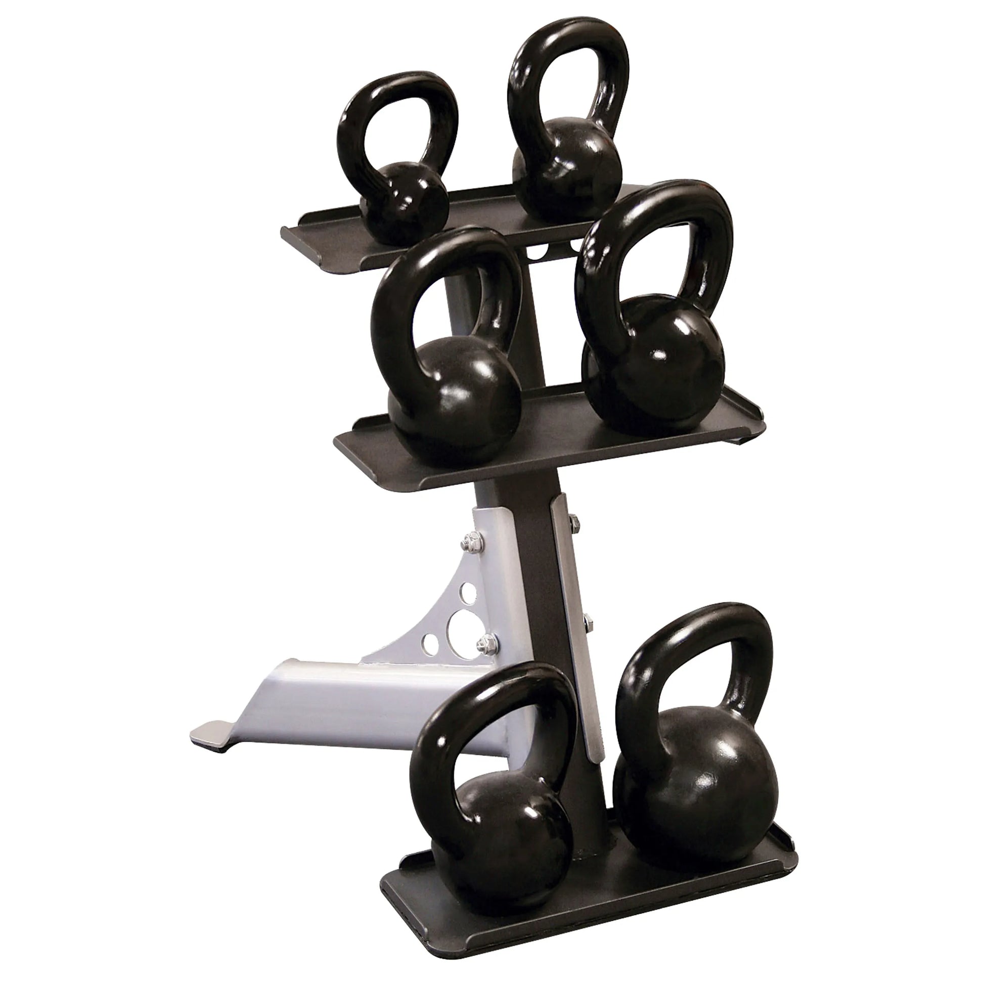 Black kettlebells on a three-tier metal rack, ideal for home gym organization.