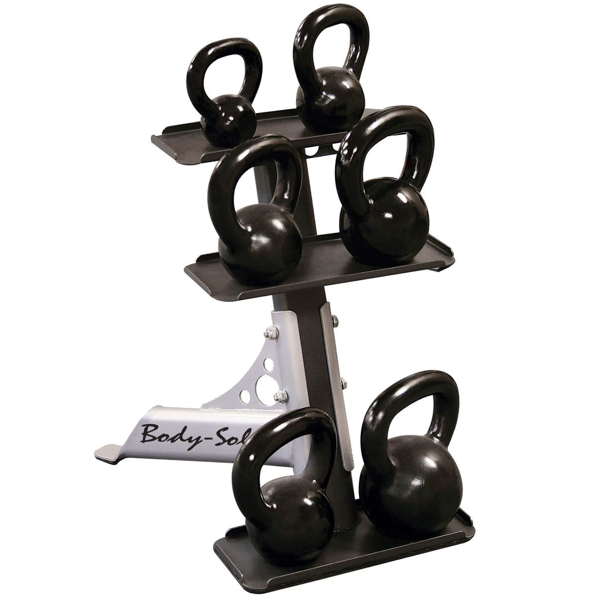 Body-Solid kettlebells on a three-tier rack, featuring sleek black design for efficient gym storage.