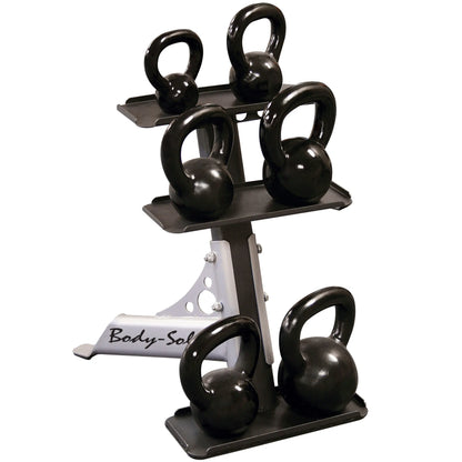 Body-Solid kettlebells on a three-tier rack, featuring sleek black design for efficient gym storage.