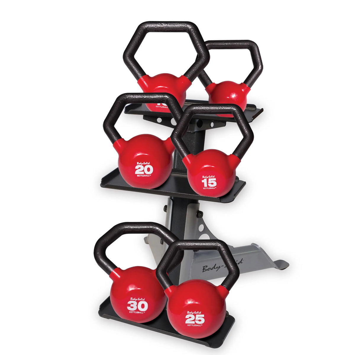 Body-Solid red kettlebell set on rack, hexagonal handles.