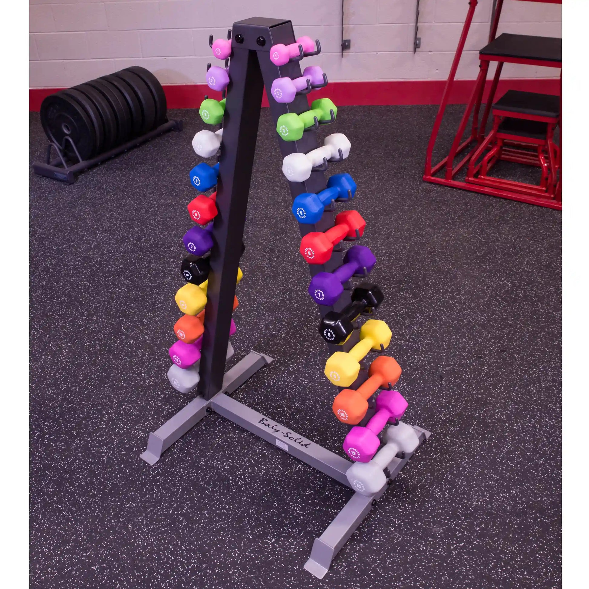 Colorful dumbbells on a Body-Solid A-frame rack in a gym.