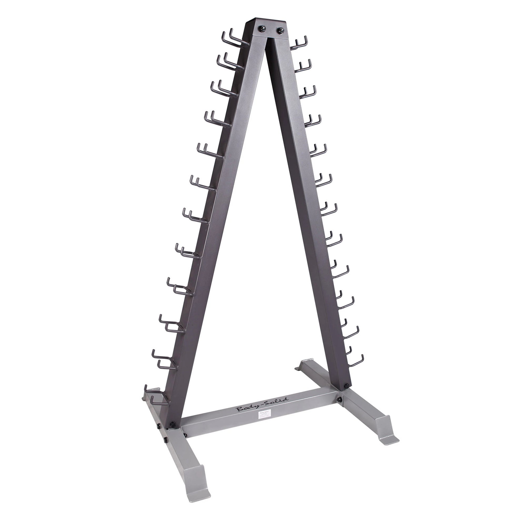 Body-Solid A-frame dumbbell rack in gray for organized weight storage.