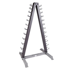 Body-Solid A-frame dumbbell rack in gray for organized weight storage.