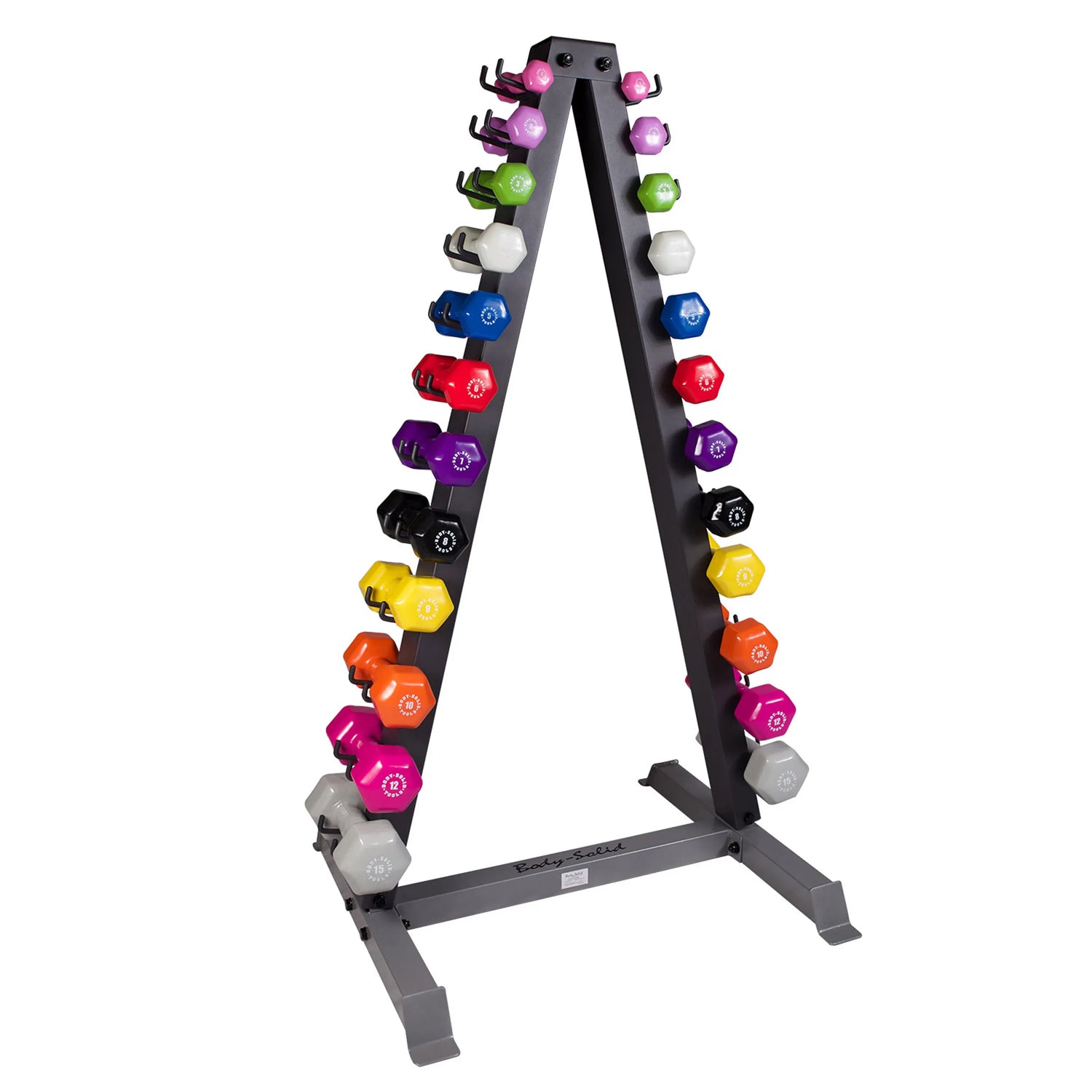 Body-Solid dumbbell rack with colorful hex dumbbells, ideal for home gyms.