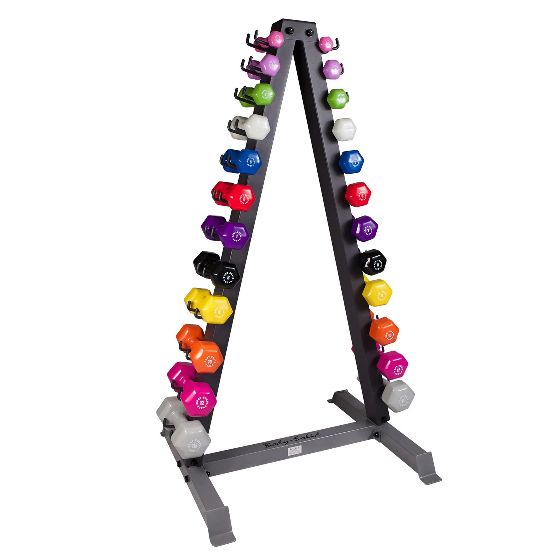 Body-Solid dumbbell rack with colorful hex dumbbells, ideal for home gyms.