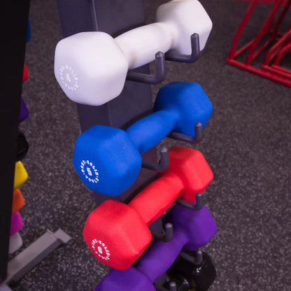 Colorful Body-Solid neoprene dumbbells on a rack, featuring 4 to 6-pound weights for home gym use.