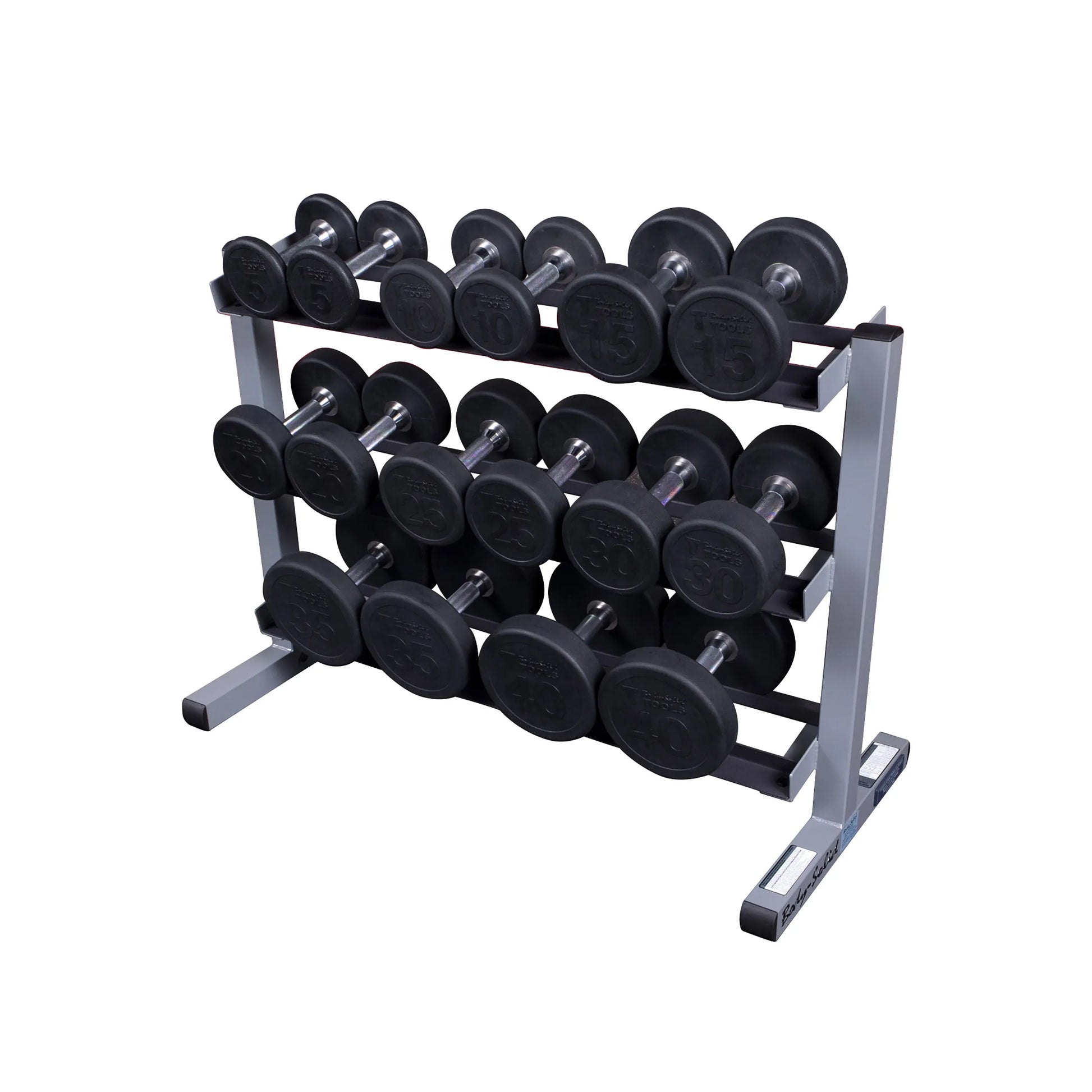 Dumbbell rack with black rubber weights and silver frame, ideal for home gym strength training.