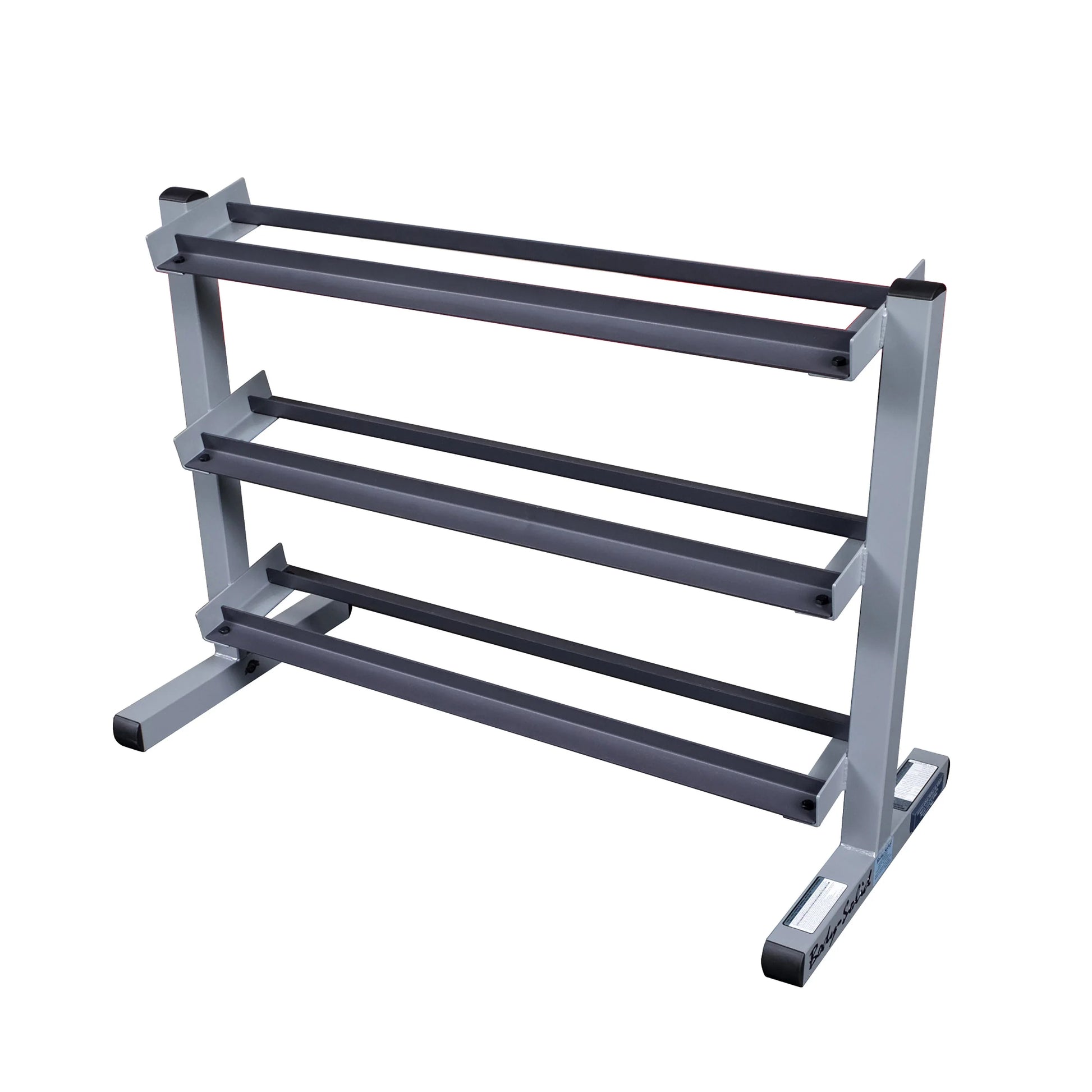 Three-tier gray dumbbell rack with sturdy metal frame for gym organization.