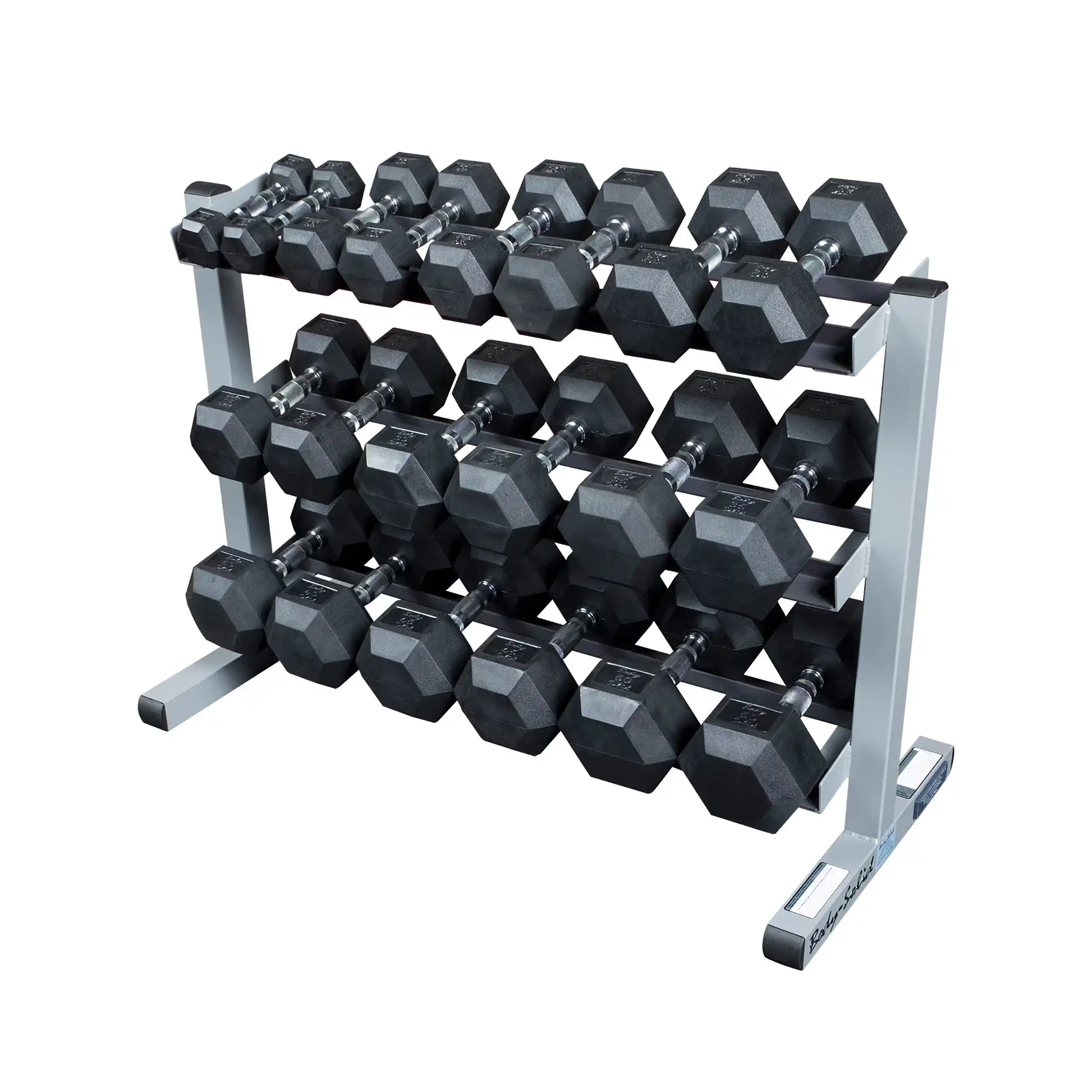 Hex dumbbells on a Body-Solid rack, featuring a three-tier design for organized gym equipment storage.