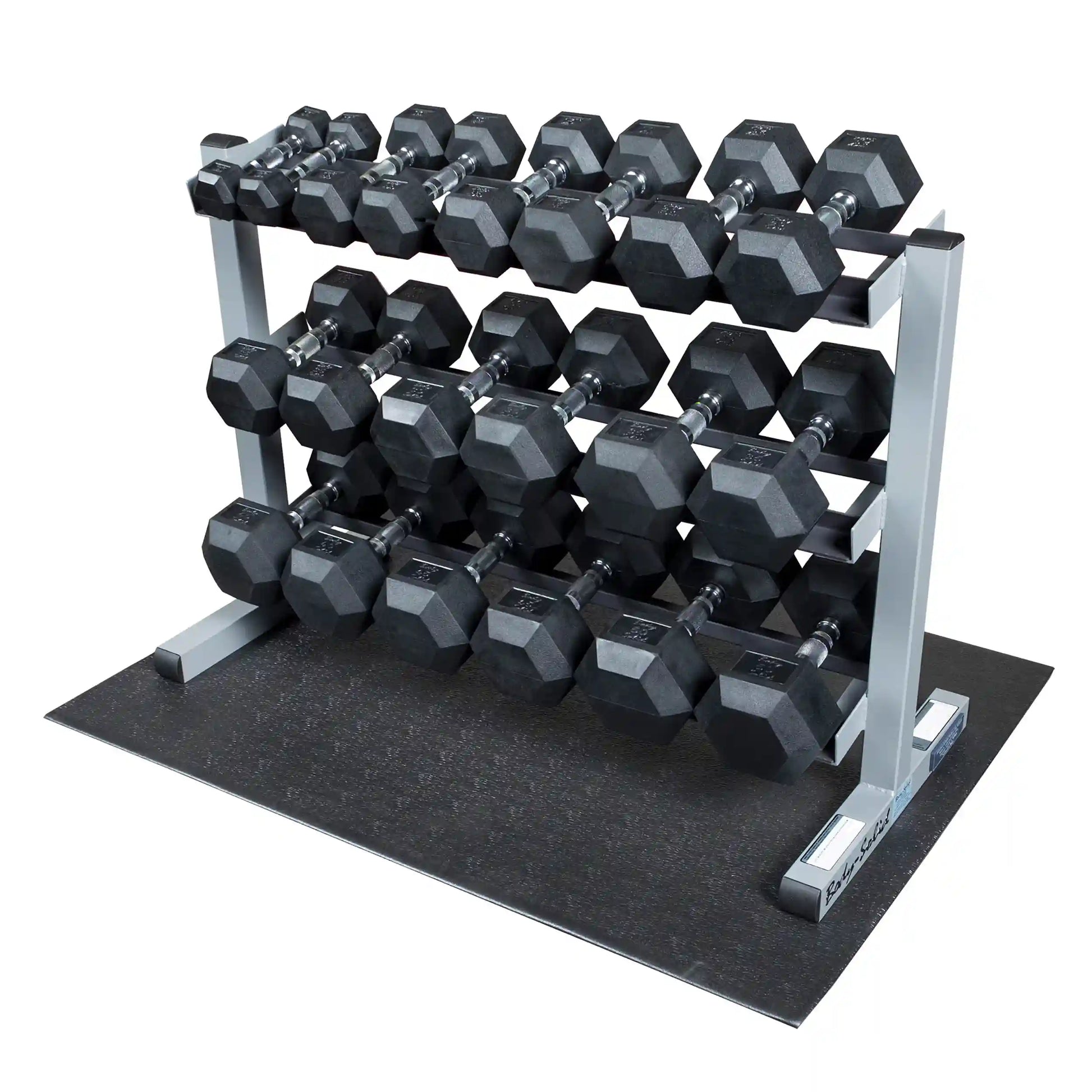 Hex dumbbell set on a three-tier rack, black rubber coating, perfect for home gym use.